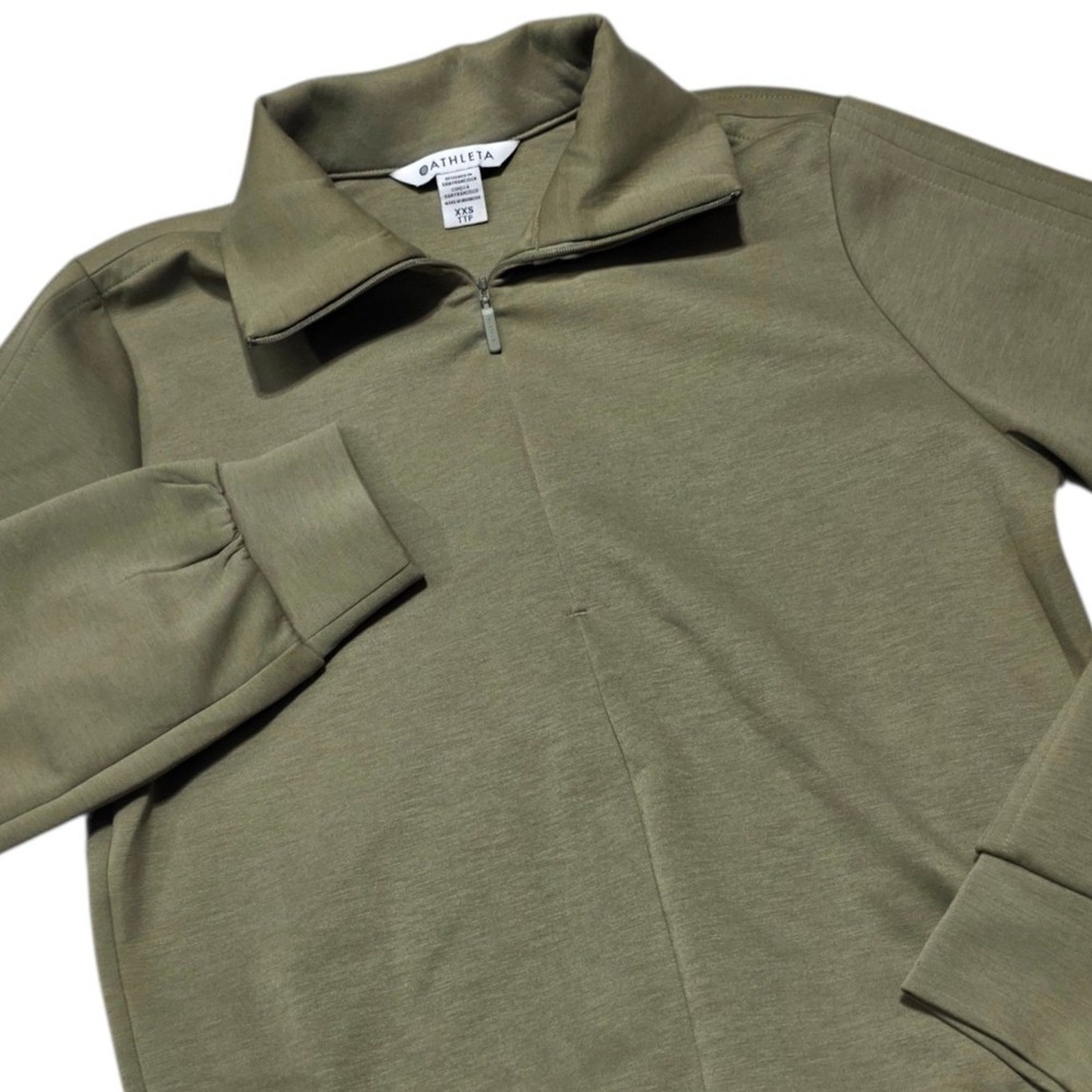 Athleta Retro Terry Quarter Zip Pullover Women XXS Olive Green Sweatshirt 414878